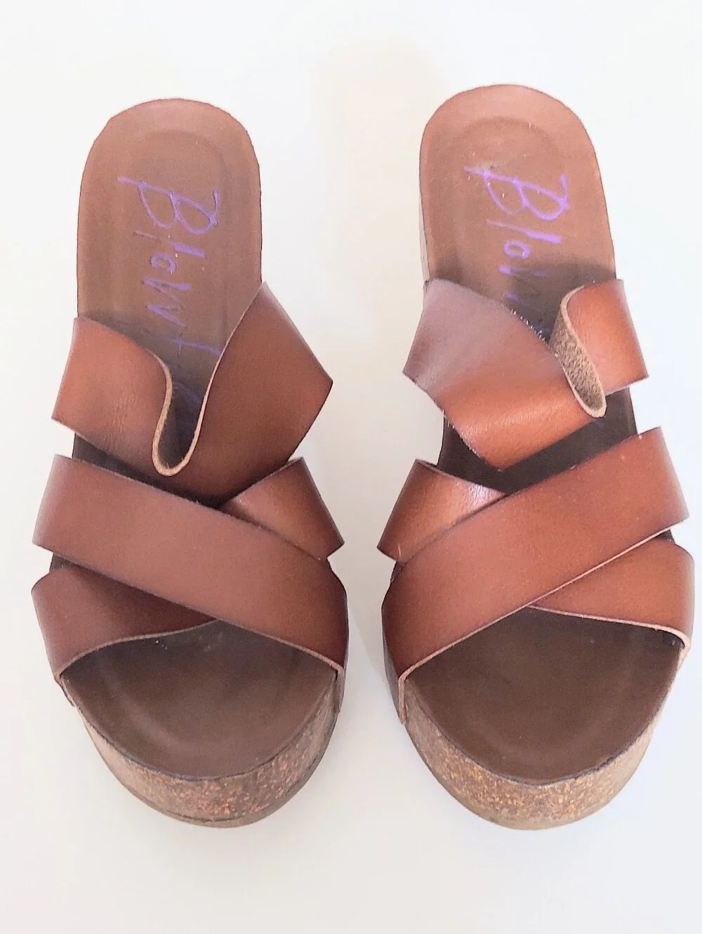 Blowfish Strappy Brown Slip On Cross Strap Open Toe Wedge Sandals Womens Size 10